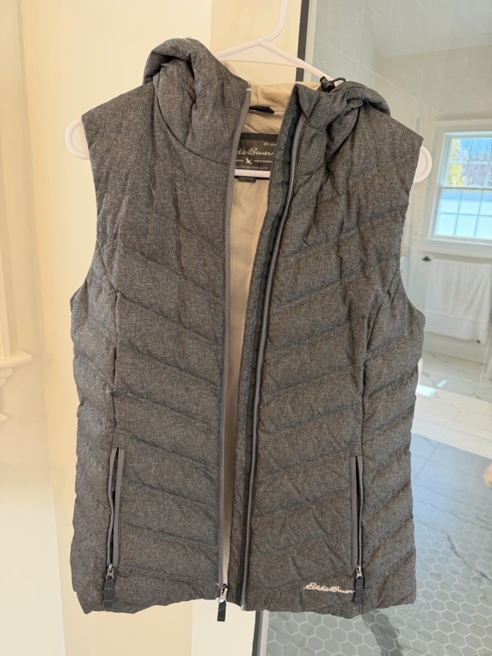 Eddie Bauer Heather Gray Quilted Hooded Puffer Vest